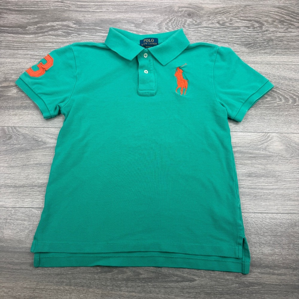 Polo Ralph Lauren Polo Shirt Boys Large Green Custom Fit Big Orange Pony Preppy